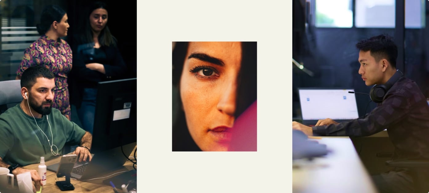 Composite image with an office scene on the left showing two women standing and a man working at a computer; a close-up portrait of a woman’s face in the center; and a separate scene on the right of a man working at a computer with headphones around his neck.